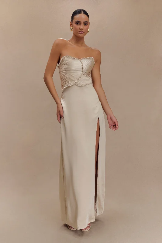 Larissa Satin Maxi Dress With Ruched Petals - Champagne Trend Alert