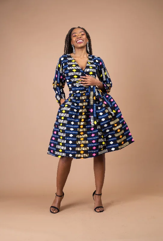 Joy Ankara Midi Dress | Yellow and Blue Multicolored African Print Premium Quality Garments