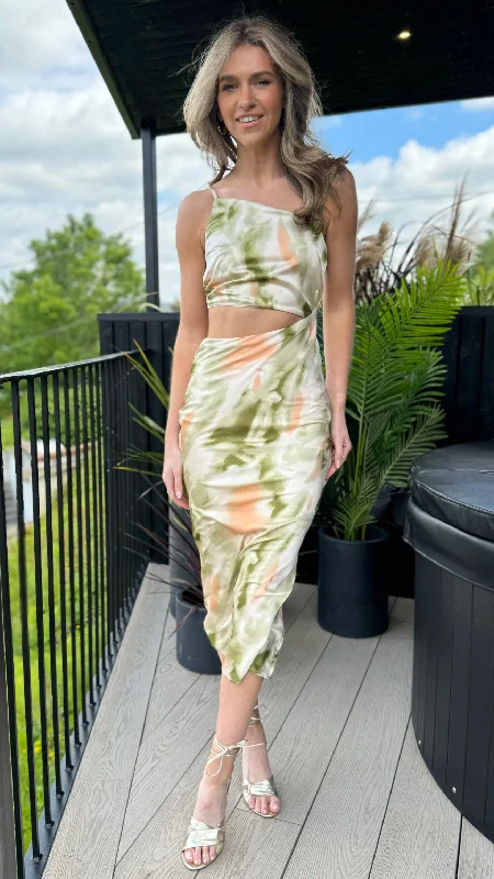 Luna Green & Orange Multi Marble Print Asymmetric Cut Out Midi Dress Unbeatable Deals