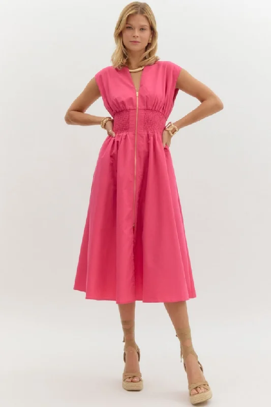 Elizabeth Zip Front Midi Dress in Magenta Subtle Sophistication