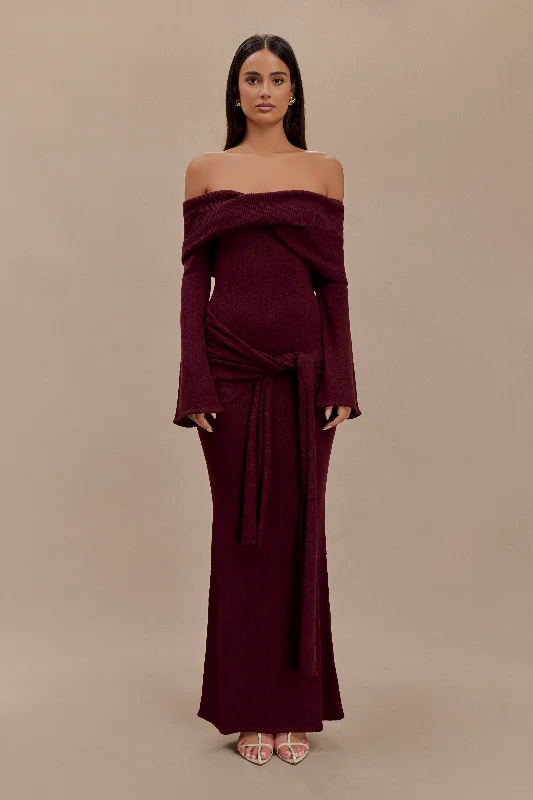 Cameron Off Shoulder Tie Maxi Dress - Merlot Feminine Soft - Hued Look