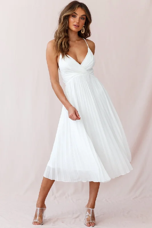 Artemis Accordion Pleat Strappy Back Midi Dress White Classic Timeless Elegant Style