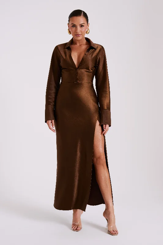 Whitley Satin Collared Maxi Dress - Dark Brown Limited Time