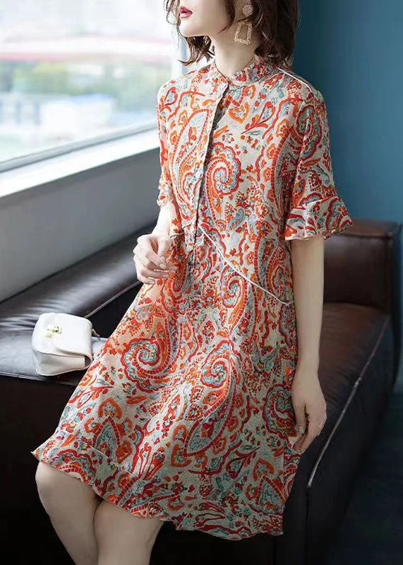 Fine Orange Stand Collar Print Patchwork Chiffon Dresses Summer Casual Chic Clothing