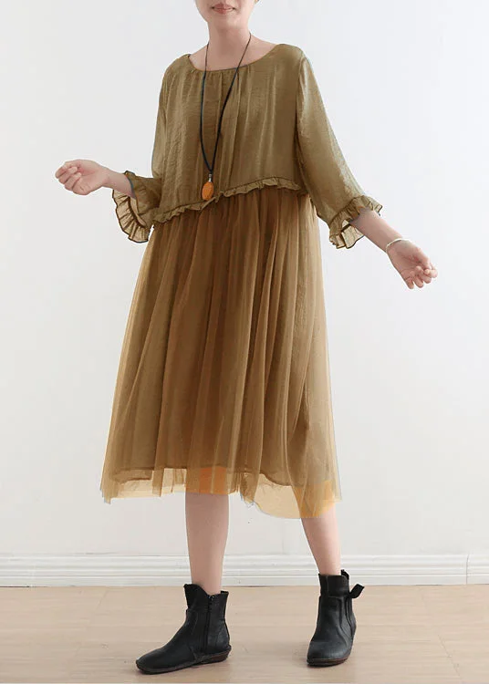 French Khaki Holiday Tulle Silk Maxi Dress Summer Effortless Style, Endless Impact