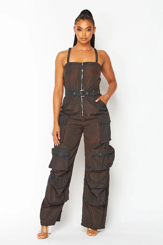 Gabi Nylon Tank Cargo Pocket Belted Jumpsuit Bold Silhouette