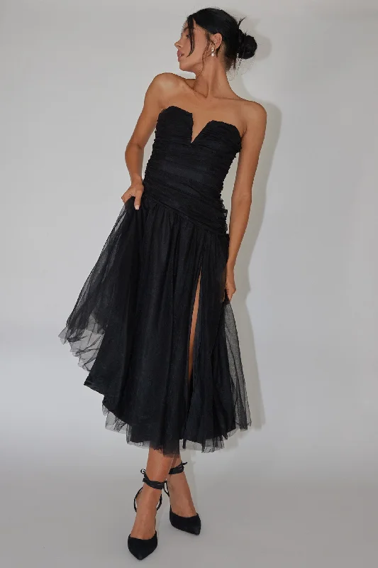 Daphnie Drop Waist Tulle Midi Dress Black Chic Trends Unveiled