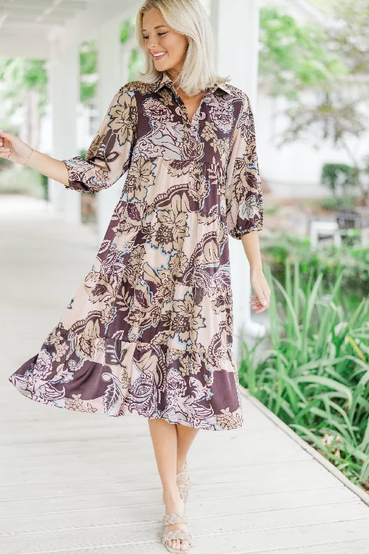 Here For The Day Brown Floral Midi Dress Modern Romance