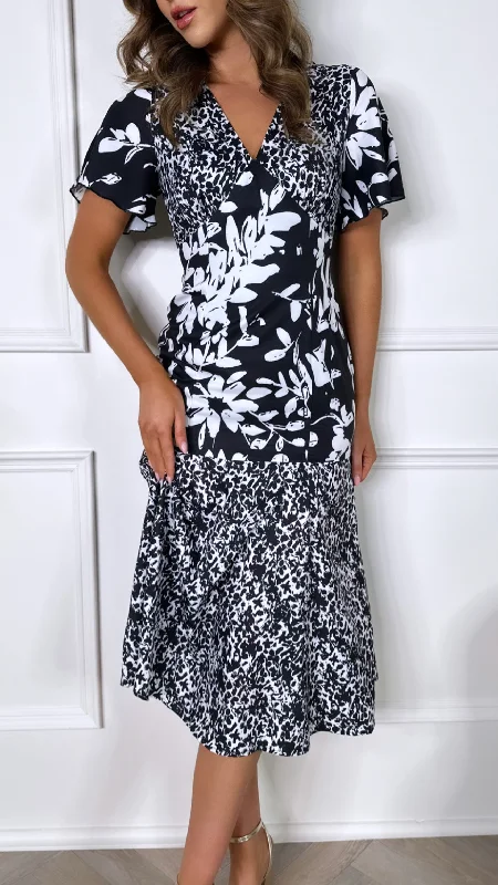 Frieda Black and White Floral Tiered Midi Dress Chic And Edgy