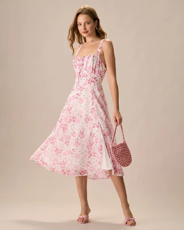 The Pink Square Neck Floral Ruched Midi Dress Subtle Sophistication