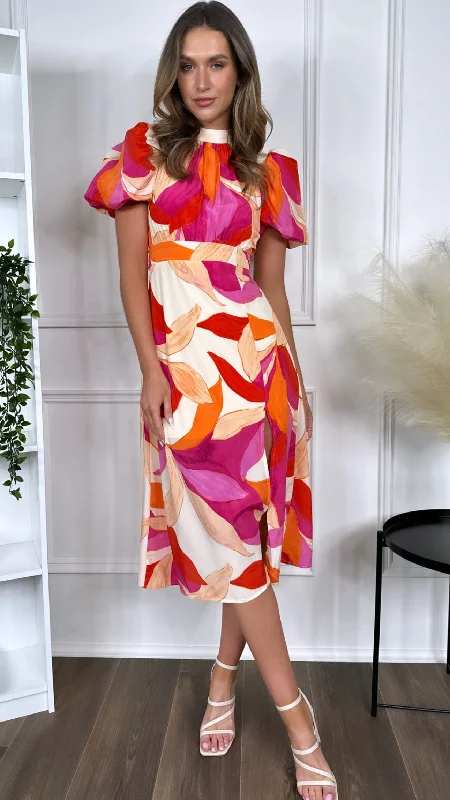 Elara Pink & Orange Printed Puff Sleeve High Neck Midi Dress Flash Sale Now