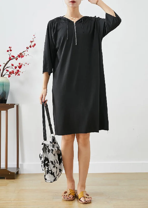 Black Cotton Loose Sweatshirts Dress Oversized Zippered Summer Season Sale