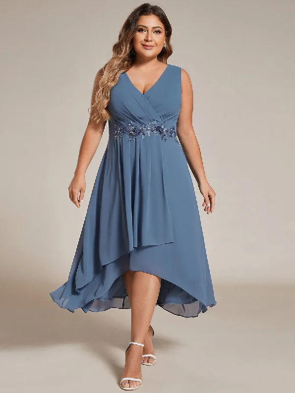 Elise | Sleeveless V-Neck High Low Plus Size Wedding Guest Dress with Floral Applique Classic Women's Fashion