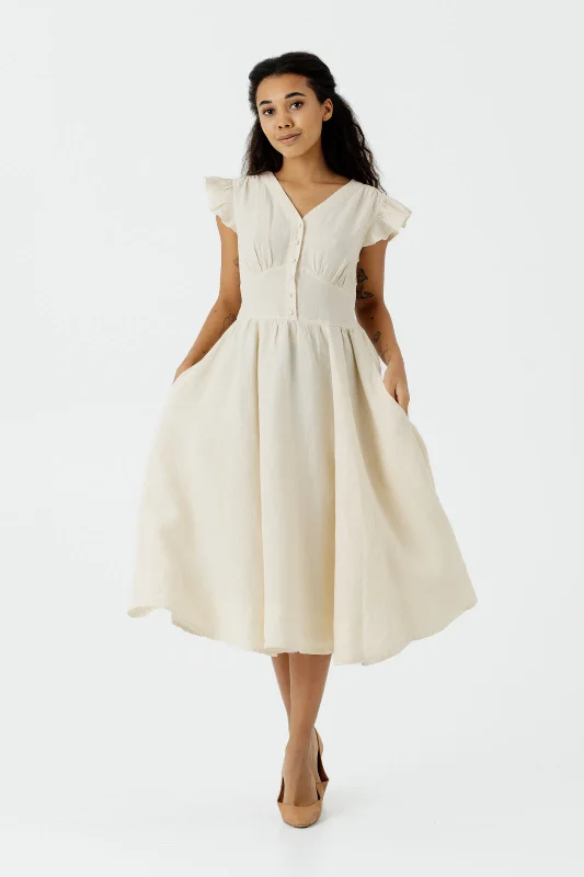 Diane Dress, Ruffle Sleeve, Hemp, Milky White Chic And Trendy