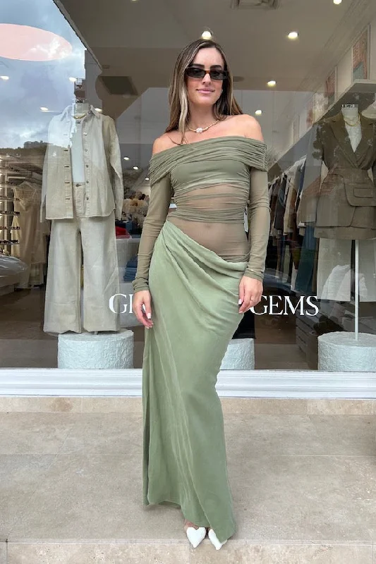 Yasmin Off Shoulder Maxi Dress Pistachio Chic Styles