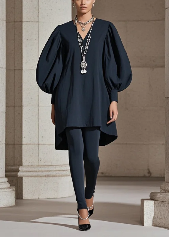 Beautiful Black Puff Sleeve Cotton Work Dress Fall Casual Elegance