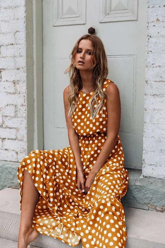 BerriesJam - 2024 Sleeveless Yellow Polka Dot A Line Maxi Dress Vintage Charm