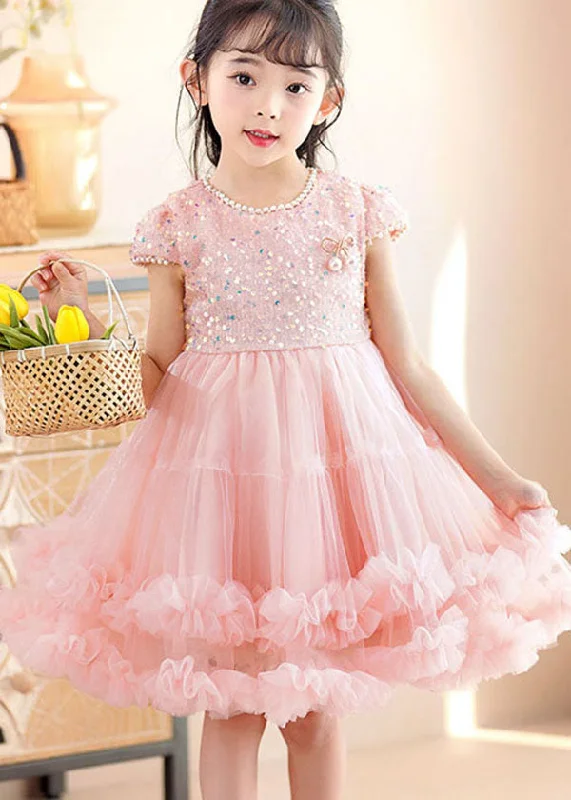 Handmade Pink Ruffled Sequins Nail Bead Patchwork Tulle Kids Girls Dress Summer Versatile Wardrobe Essentials