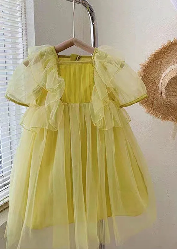 Yellow Patchwork Tulle Baby Girls Princess Dresses Wrinkled Summer Season Sale