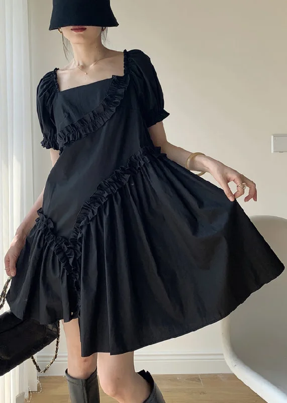 Women Black Ruffled Asymmetrical Patchwork Cotton Dresses Puff Sleeve Daily Deals