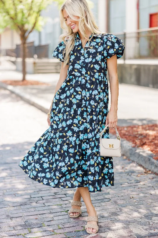 Perfect For You Black Floral Button Down Midi Dress Luxury Style