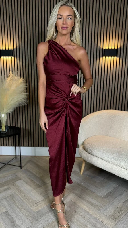 Alexis Burgundy One Shoulder Knot Skirt Satin Midi Dress Versatile Wardrobe Essentials