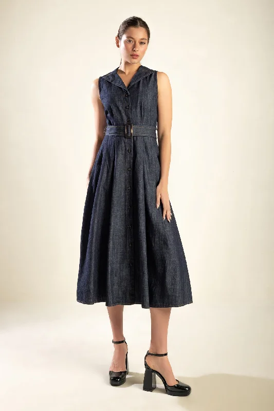 OASIS OF CALM RIGID DENIM MIDI DRESS Trend Setting Wardrobe