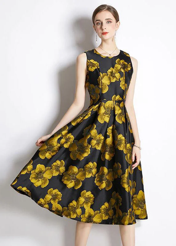 Chic Yellow O-Neck Print Silk A Line Dress Sleeveless Now On Sale For Chic Urban Styles