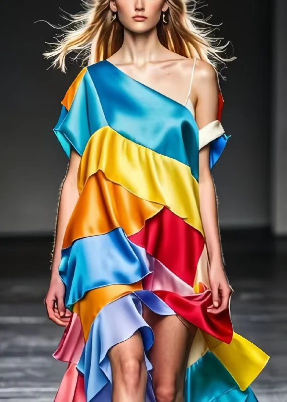 French Colorblock One Shoulder Patchwork Silk Beach Dress Summer Find Your Unique Flair