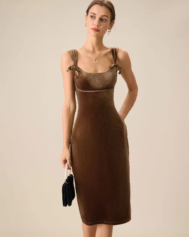 Brown Velvet Bodycon Midi Dress Limited Styles