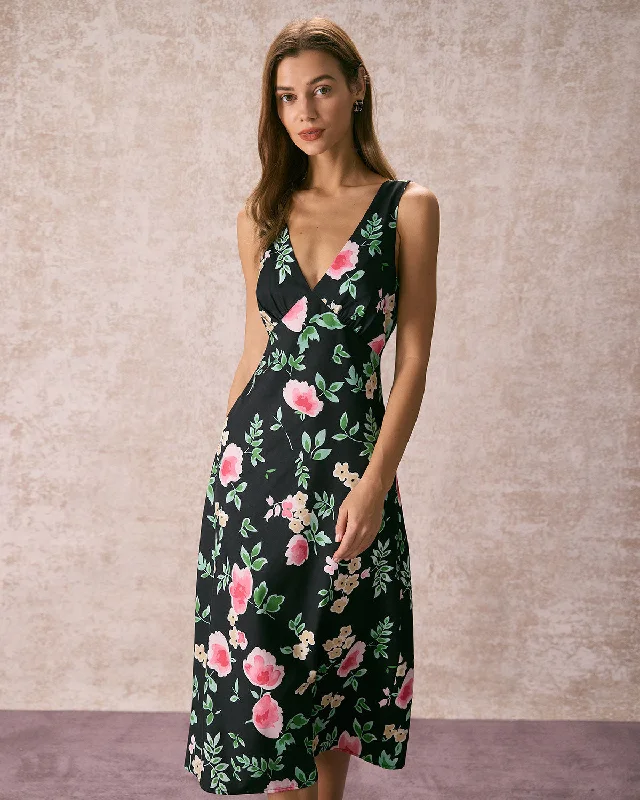 The Black V Neck Tie Back Floral Midi Dress Romantic Flair