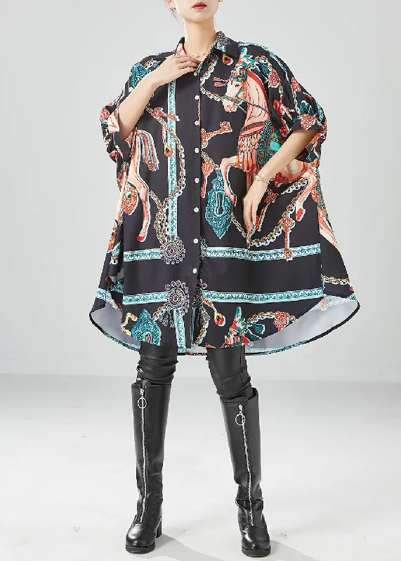 Black Print Silk Vacation Dresses Oversized Draping Batwing Sleeve Final Sale