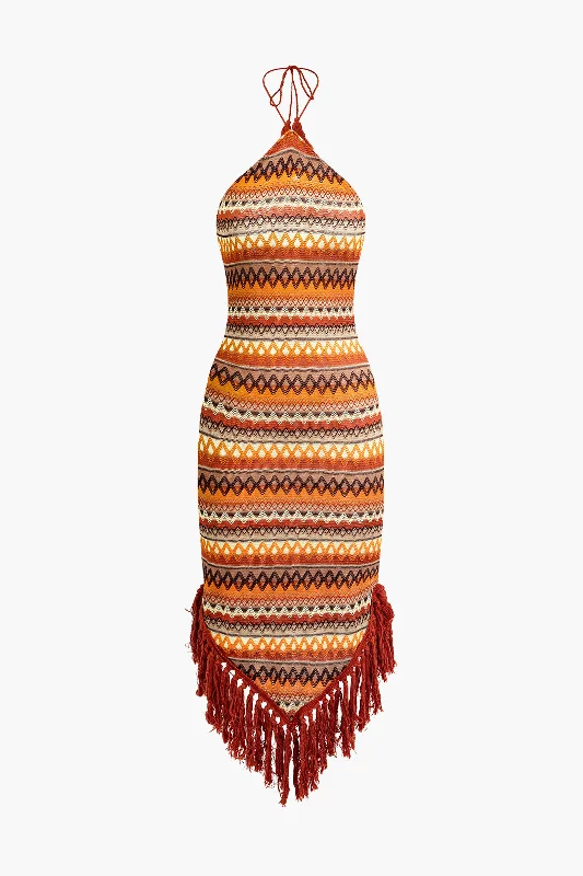 Fringe and Colorful Pattern Bohemian Halter Midi Dress Style Without Limits