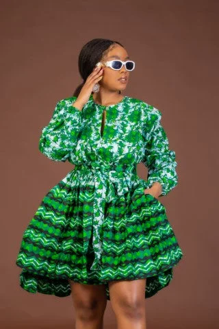 Skyler Ankara Midi Dress | Green and White African Print Trendy And Individual Women's Fashion