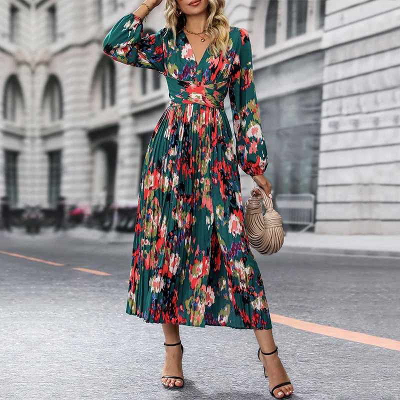 IKEARLAX independent station 2025 trade pleated long dress New autumn new 2025 women's cross-border printing long-sleeved jumpsuit Special Offer