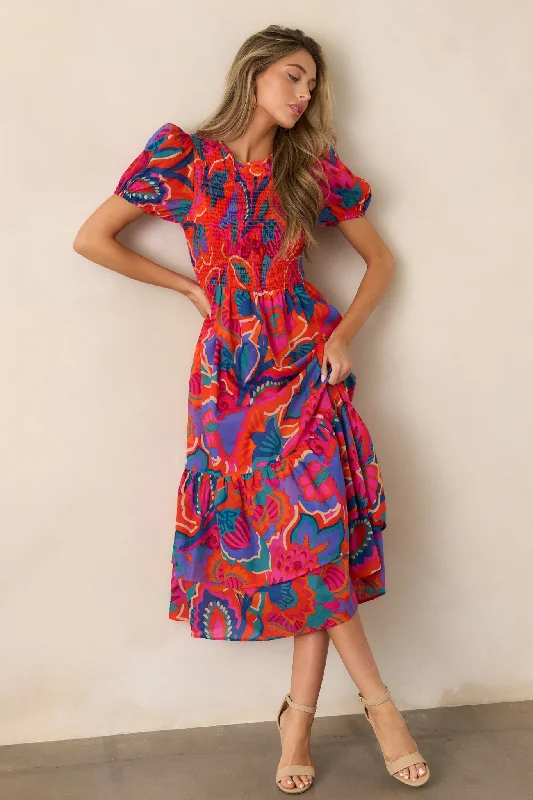 Catching Flights Cotton Orange Multi Print Midi Dress Trendy Women's Collection