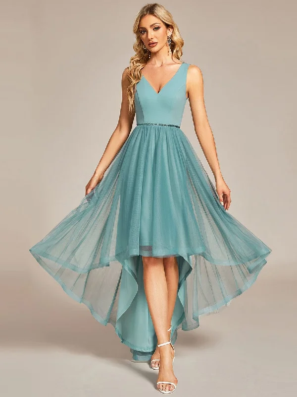 Sleeveless Tulle High Low Prom Dress with Waist Chain Day-To-Night Styles