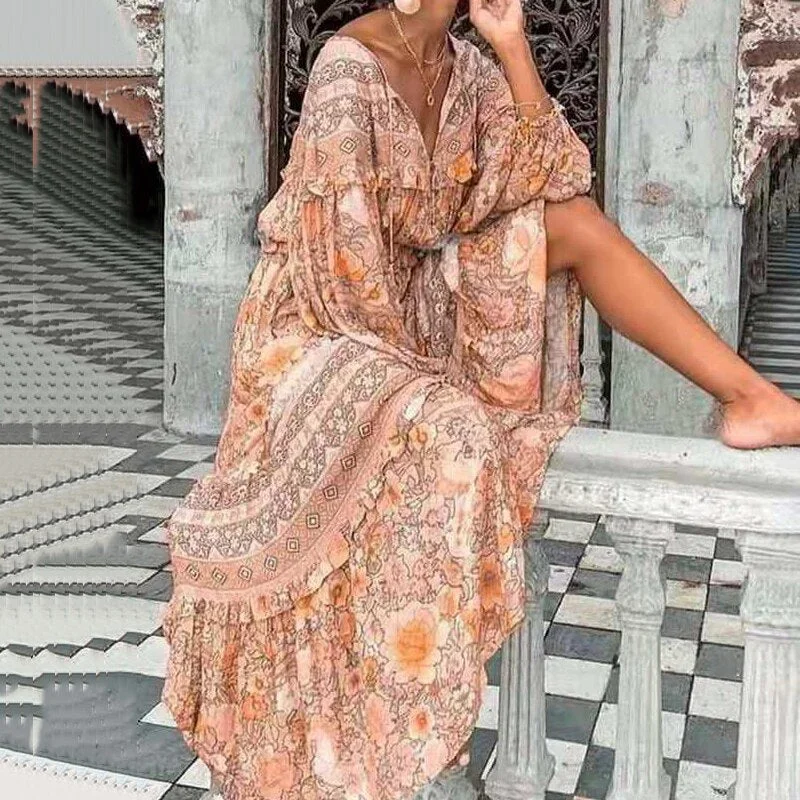 BerriesJam - Printed Full Lantern Sleeve Bohemian Elegant Dress Elegant Details