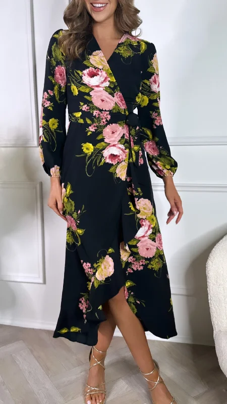 Antonio Black Floral Long Sleeve Wrap Midi Dress Seasonal Sale