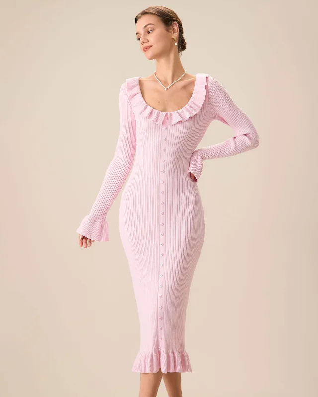 Women's Pink U-Neck Ruffle Bodycon Sweater Dress Chic Outfits