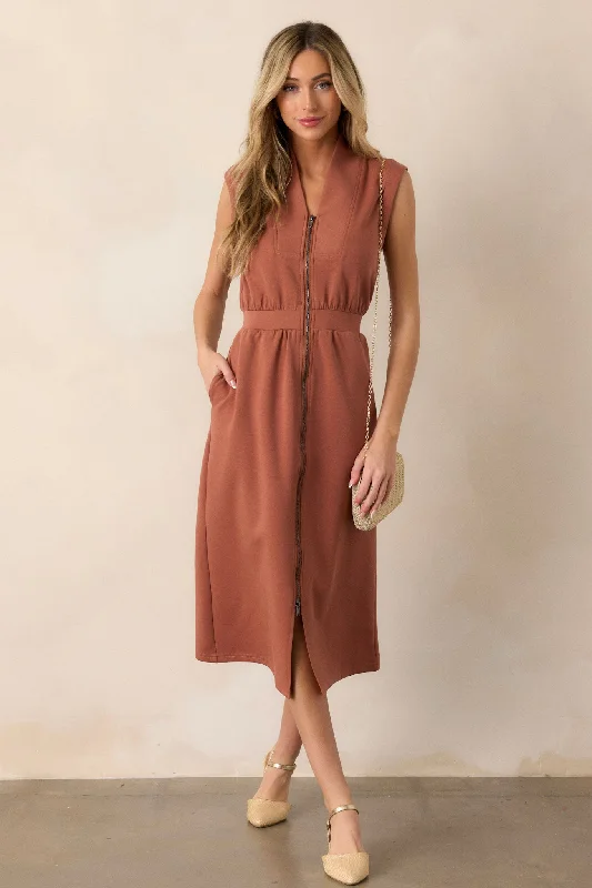 Distant Sun Terracotta Sleeveless Midi Dress Fashion Essentials