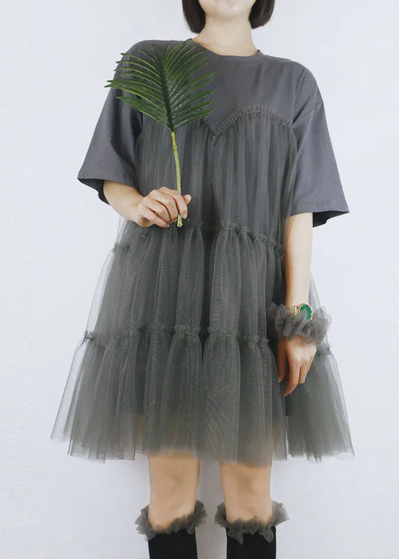 French Grey O-Neck Tulle Patchwork Cotton Robe Dresses Short Sleeve Romantic Date - Night Ensemble