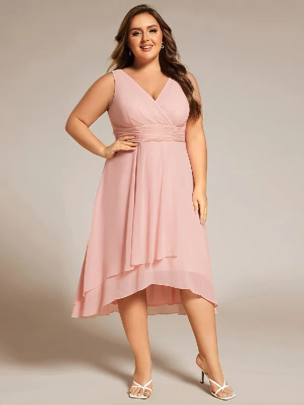 Plus Size Pleated Sleeveless V-Neck Midi Chiffon Wedding Guest Dress Athleisure Wear Special Offer