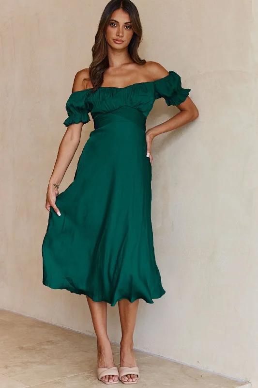 Linka Off-Shoulder Tie Back Midi Dress Forest Green Flash Sales