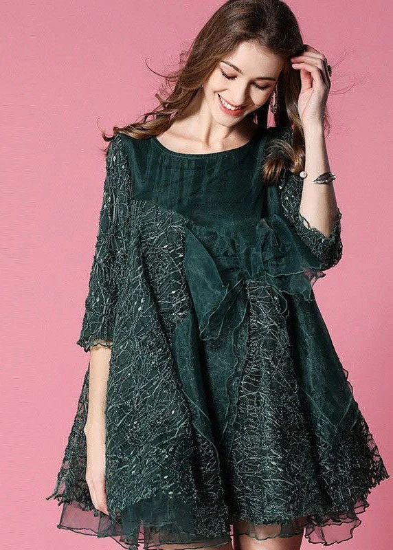 Bohemian Blackish Green Bow Patchwork Organza Vacation Dress Half Sleeve Artful Design