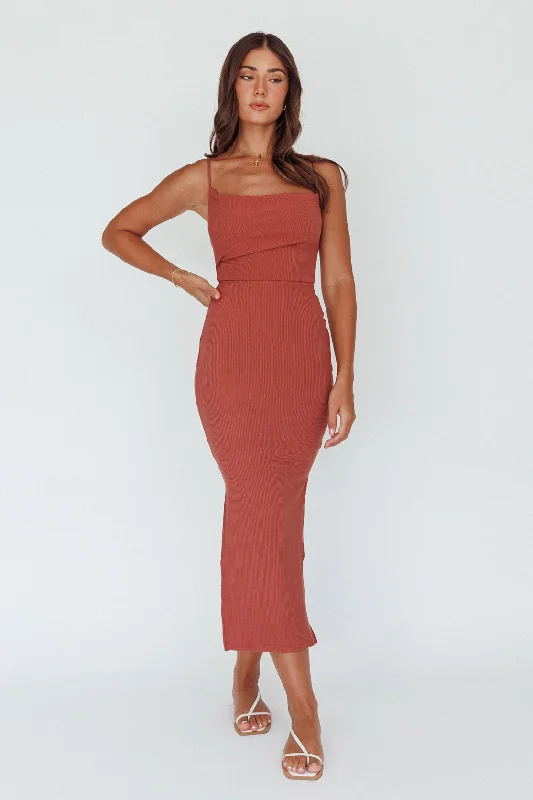 Frieda Cowl Neck Side Split Ribbed Midi Dress Rust Feminine Elegance