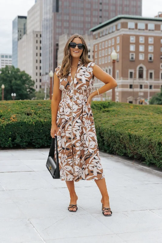 Brown Floral Zip Up Midi Dress - FINAL SALE Insane Discount Onslaught