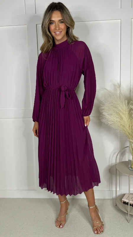 Minnie Purple High Neck Pleated Midi Dress Comfortable Clothes