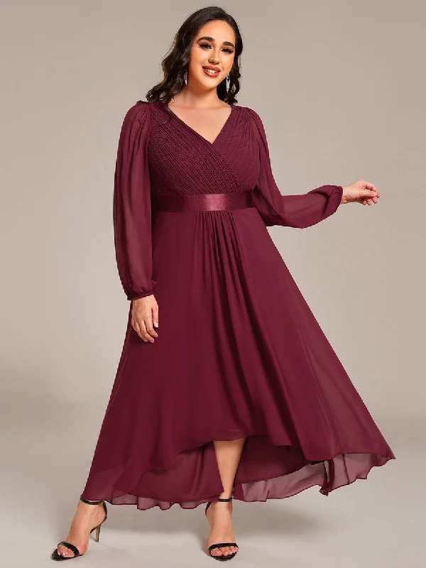 Plus Size A-Line Long Sleeve Chiffon Pleated Formal Dress Bold Fashion