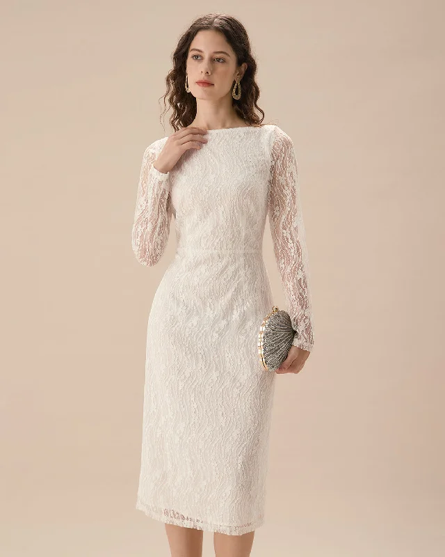 White Lace Boat Neck Slit Midi Dress Wardrobe Upgrade